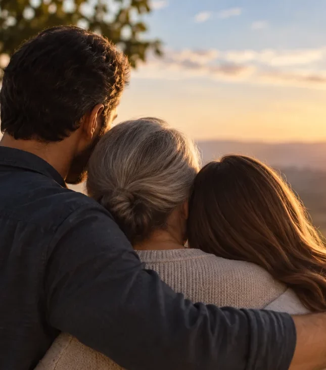 Família reunida em um momento de apoio ao pôr do sol